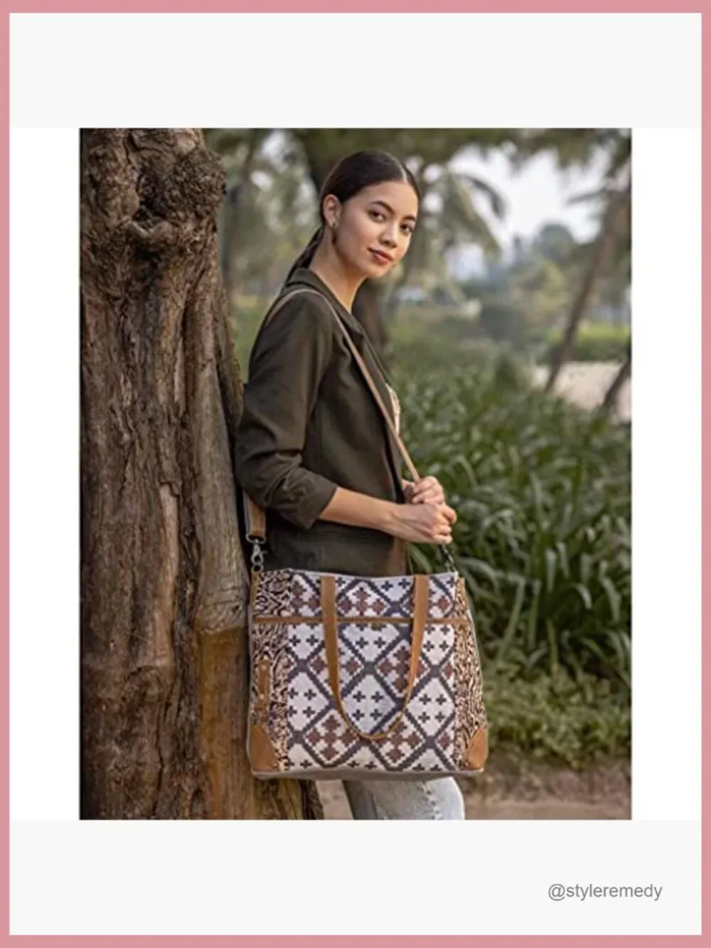 Upcycled Cotton & Leather Messenger Bag with Multiple Pockets & Adjustable Strap